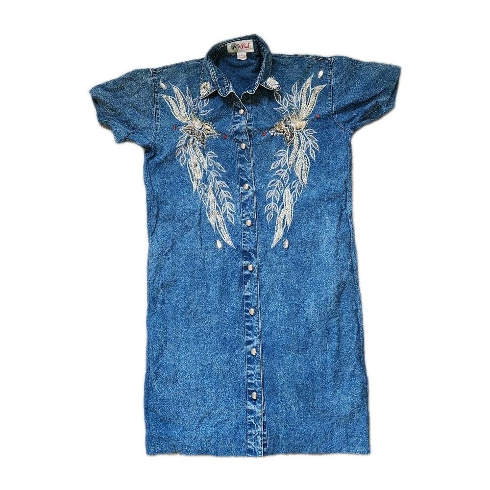 Vintage Pret Blue Denim Dress Stone Wash Gems Sequins Beads Button Down Sz S GUC